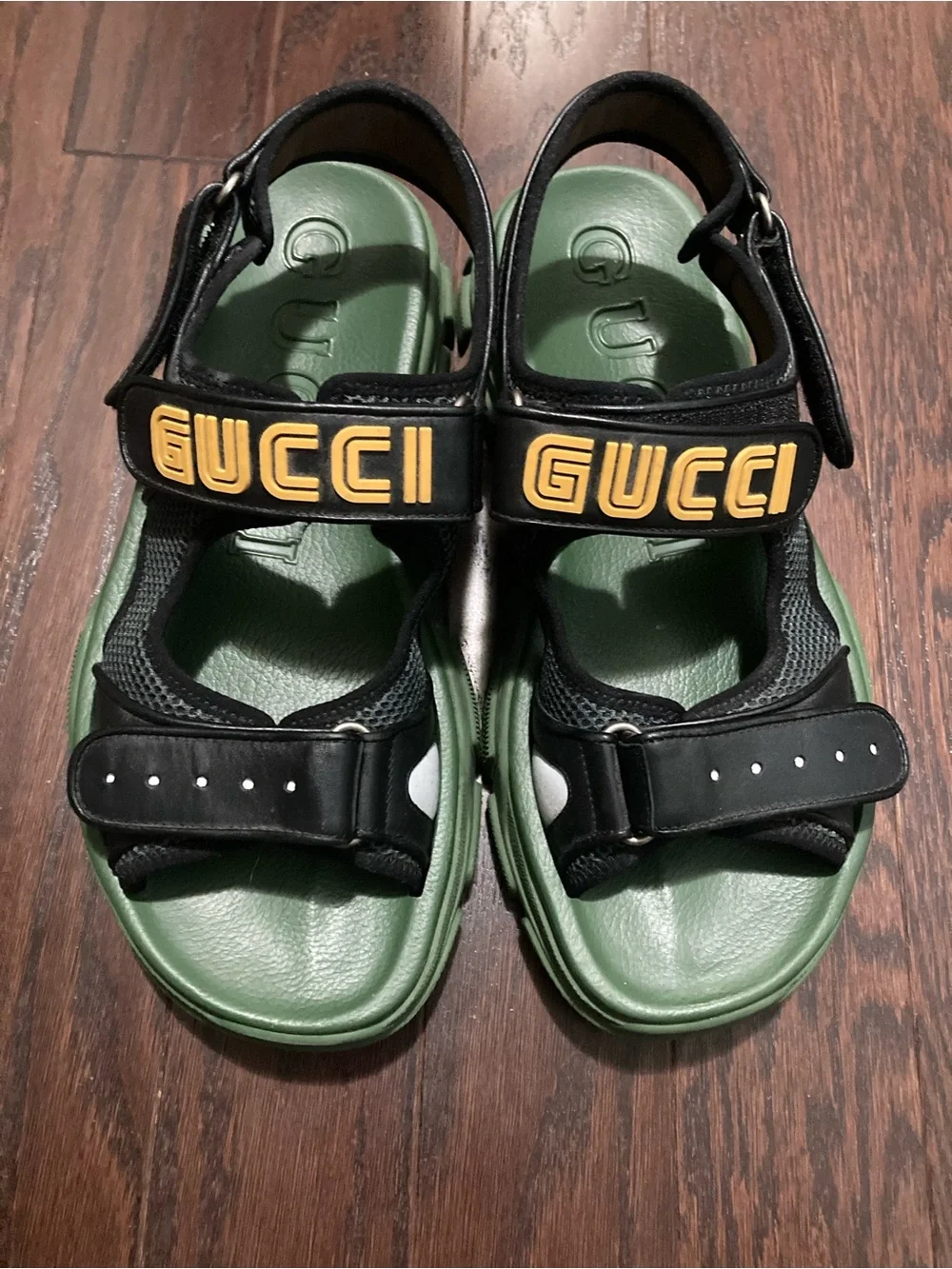 Gucci x Sega Aguru Black, Olive Green & Yellow Mesh Logo Platform Sandal